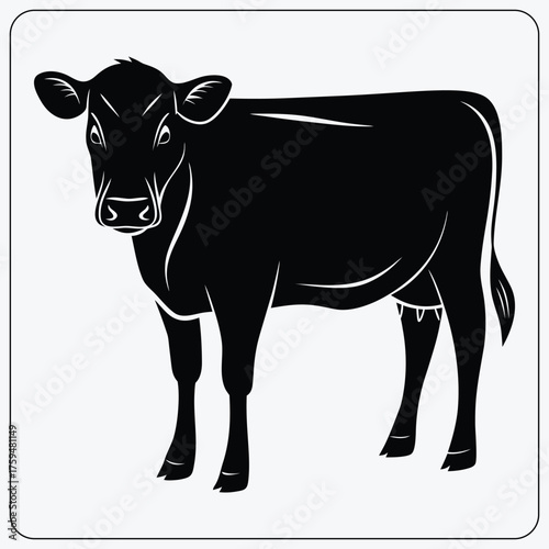 Stylized cow illustration. Black and white farm animal symbol for dairy, milk, beef, and agriculture. Vector graphic for a logo.