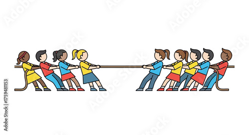 Cartoon teams engaged in a determined tug of war competition facing each other on white background