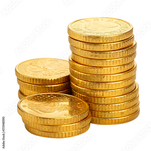 Stacks of shiny gold coins, realistic metallic currency piles isolated on a transparent background, high-quality PNG perfect for finance designs, banking illustrations, investment concepts, savings