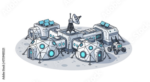 Futuristic lunar outpost illustration with domed habitats and exploration vehicle on the moon