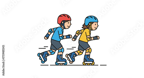 Cartoon illustration depicting two people enjoying recreational activity with inline skates and