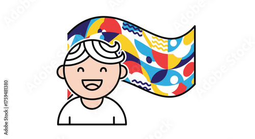 Joyful child with a vibrant geometric flag embodying positivity and youthful spirit full of glee