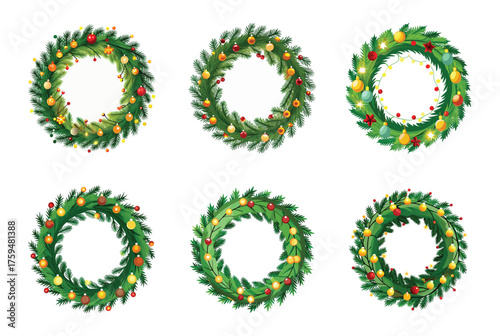 Collection of festive Christmas wreaths adorned with ornaments and greenery illustration