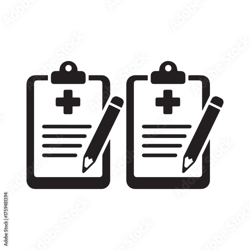 Minimalist Black and White Medical Clipboard Icons with Pencils for Infographics Design. 