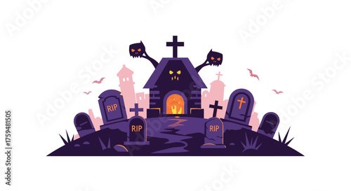Spooky Cemetery Flat Design Illustration Featuring Tombstones and a Haunted House Under a Gloomy Sky