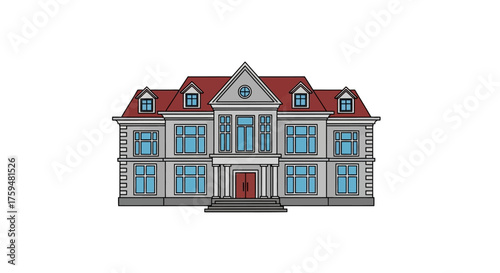 Architectural illustration showcasing a large, luxurious two-story mansion on white canvas