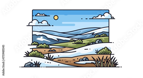 Linear styled minimalistic landscape illustration featuring snow covered mountains with blue sky