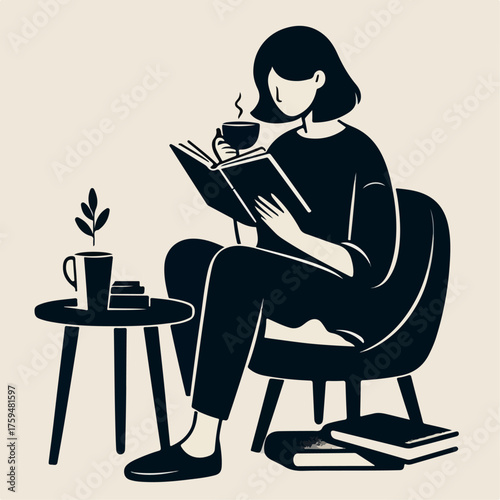 Cartoon illustration of a woman relaxing drinking coffee while reading a book