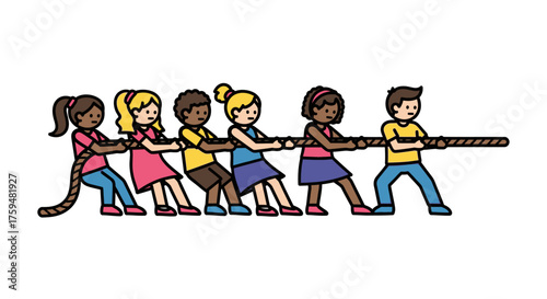 Diverse group of children engaging in a spirited tug-of-war competition with determination and