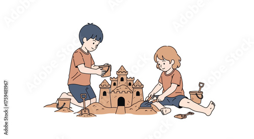 Illustration depicting two children collaboratively building an elaborate sandcastle on a sunny