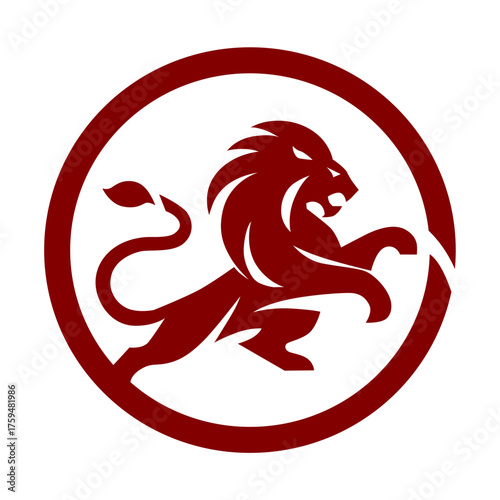 Majestic Rearing Lion Emblem in Maroon Circle