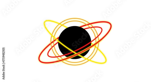 Minimalist depiction of a cosmic event, highlighting a dark void surrounded by glowing orbits