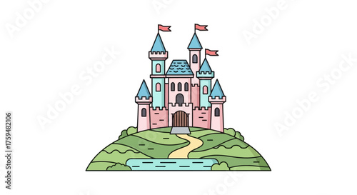 Stylized fairytale castle illustration with gentle colors and a whimsical presence