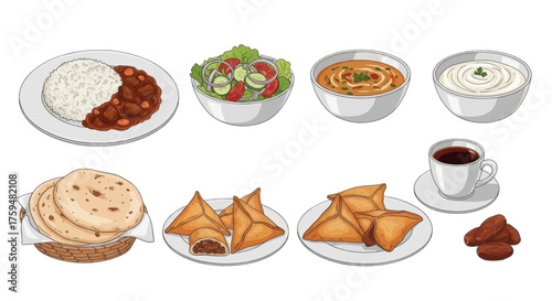 Collection of Middle Eastern dishes and drinks including rice, salad, soup, flatbread, pastries, coffee and dates