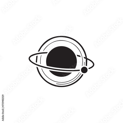 Minimalist black and white planet with orbiting ring and moon.