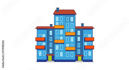 Illustrated apartment building facade showcasing blue hues and symmetrical architectural design