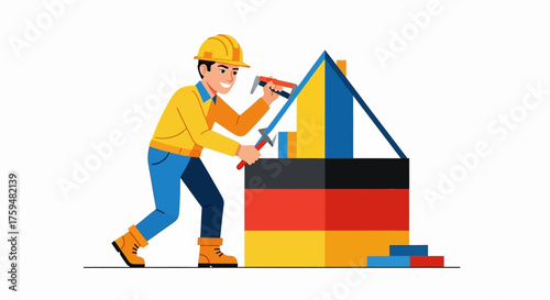 Craftsman constructs vibrant home with colorful geometric blocks and building tools