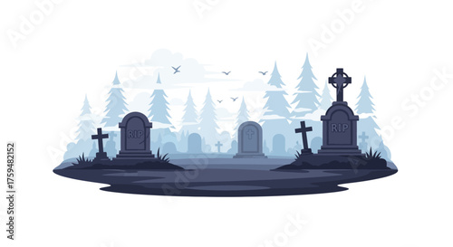 Serene graveyard with stylized tombstones silhouetted against a forest backdrop for somber