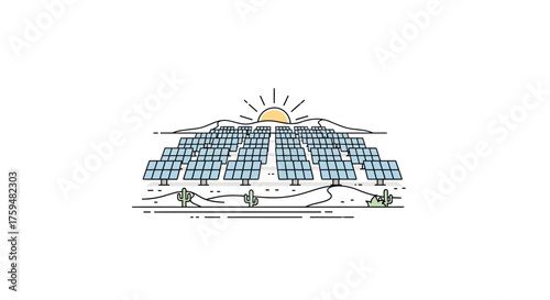 Sustainable energy illustration featuring solar panels in a desert landscape with cacti and sunshine