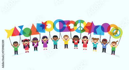 Multicultural children parade holding vibrant geometric shapes and peace symbols in celebration of