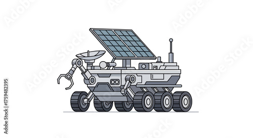 Illustrated extraterrestrial rover with solar panels for exploration and scientific research mission