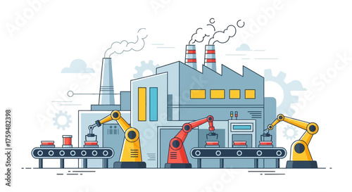 Automated factory process illustration showcasing robotic arms and conveyor belts with colorful