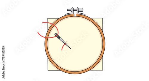 Embroidery process with needle and red thread on cloth in wooden hoop illustration