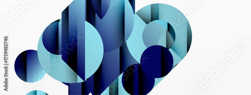 Abstract geometric shapes overlap, creating dynamic composition. Blues, whites dominate design, suggesting depth, movement.