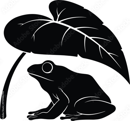 Vector Frog under leaf shelter tropical animal silhouette illustration