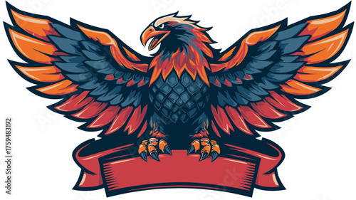 Dynamic stylized eagle mascot emblem with wide-spread wings and empty red ribbon for text, vibrant powerful predatory bird illustration.