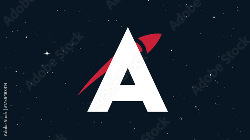 Abstract letter A with a red rocket icon launching across a starry cosmic night sky, symbolizing ambition, technology, and success.