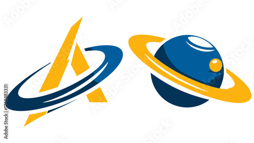 Abstract graphic design elements featuring blue and yellow orbiting shapes, a stylized letter A, and a planet symbol; suitable for logos or icons.