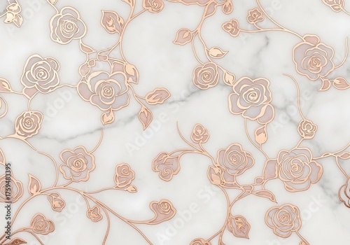 Rose gold floral pattern on white marble texture background