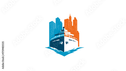 Dynamic graphic icon: Modern maritime vessel in front of urban skyscrapers with vibrant two-tone color design.