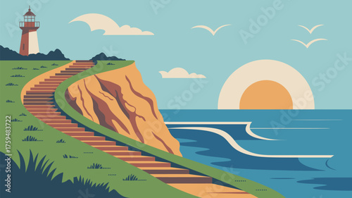 A lighthouse stands near a cliff with stairs leading down to the ocean with a bright sun in the distance