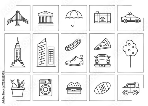 Assortment of line art icons featuring city landmarks food items vehicles and everyday objects Keywords: bridge