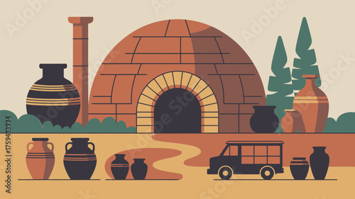 Illustration of a pottery kiln with various vases and a van in a stylized and minimalist design