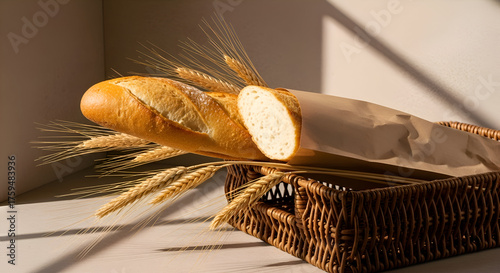 Freshly Baked Baguette with Wheat in a Wicker Basket Representing Bread and Food