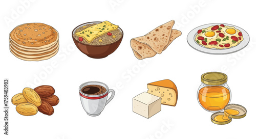 Collection of delicious breakfast food items including pancakes, cereal, flatbread, omelet, dates, coffee, cheese, and honey