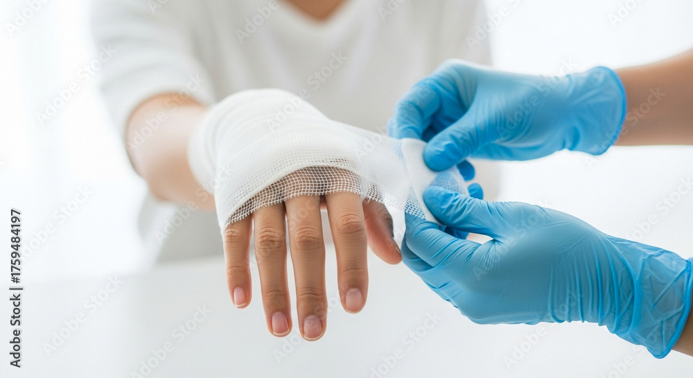 Bandaged hand in first aid treatment with person wearing gloves ...