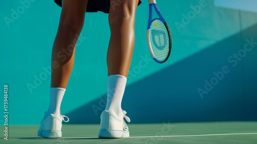 A close-up of a tennis player's legs in white socks on an outdoor green court with a bright turquoise background, racket in her hands
