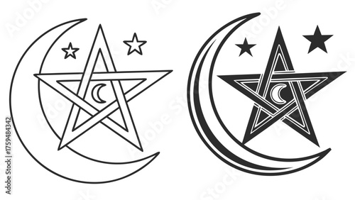 Black And White Pentagram Star With Crescent Moon And Stars Symbols vector illustration