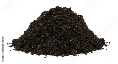Pile of rich dark soil isolated on white background for gardening and planting purposes