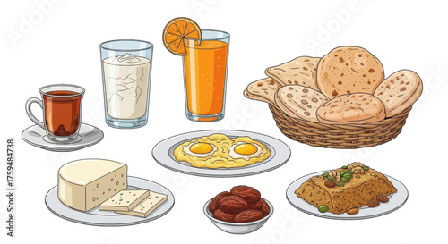 A delicious and healthy breakfast spread with eggs, cheese, bread, juice, and tea