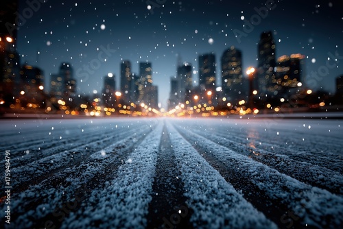 Snow falls on city streets at night creating a serene winter landscape with glowing lights
