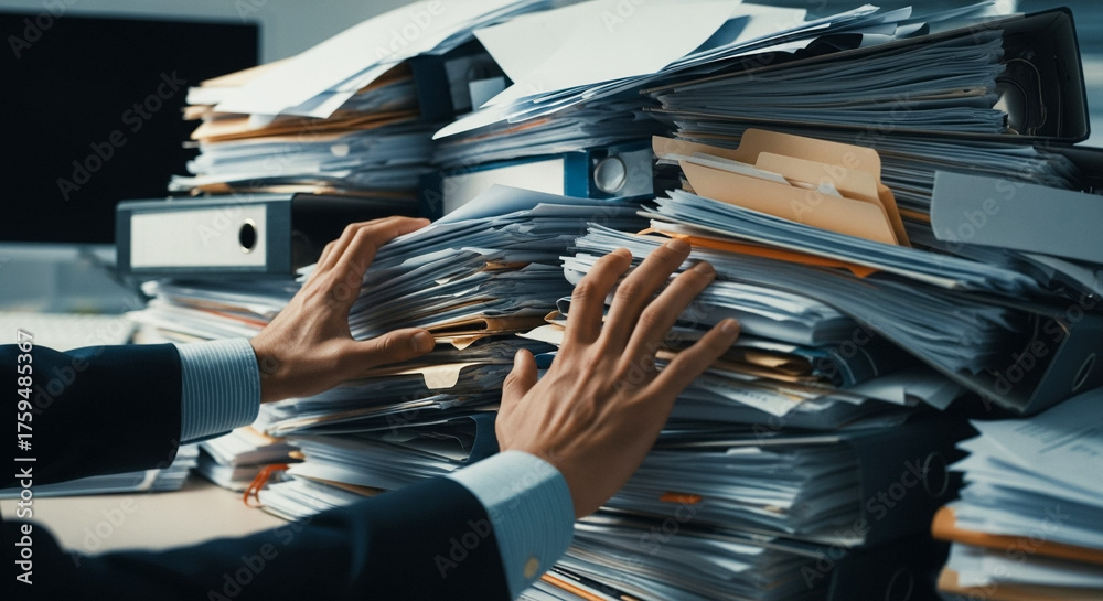 Paper Overrun Person struggling with paperwork overload at office desk, concept of ...