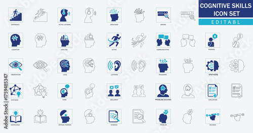 cognitive skills  icon set, creative thinking, problem solving, reasoning, communication, and analysis concepts. Ideal for education, training, business intelligence, and psychology-themed projects.