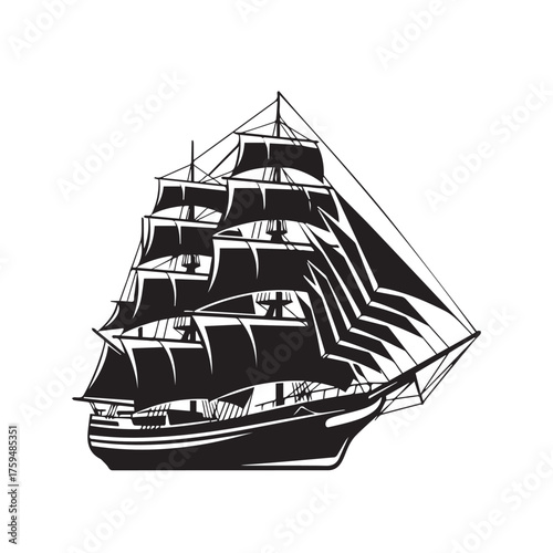 Vintage Sailing Ship Silhouette on White Background.