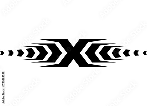 Black vector letter X on a white background. Design element for a car body, boat, motorcycle, sportswear, toy. Vector striped pattern. Vinyl applique