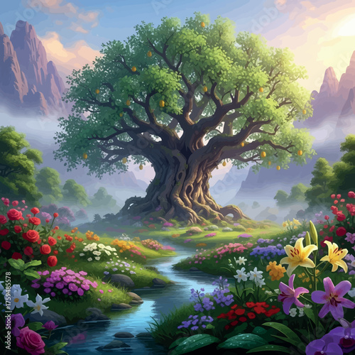 Create Tree of life in the Garden of Eden landscape with flowers and misty mountains